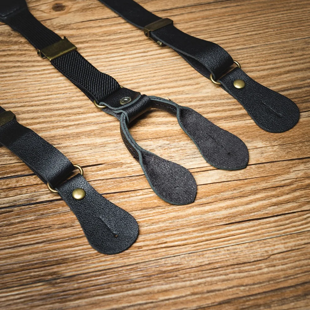 Suspender Tipe Y Sederhana untuk Pria Suspender Berkancing Gaya Inggris Retro Aksesori Setelan Anti Selip Suspender Kulit PU Hadiah