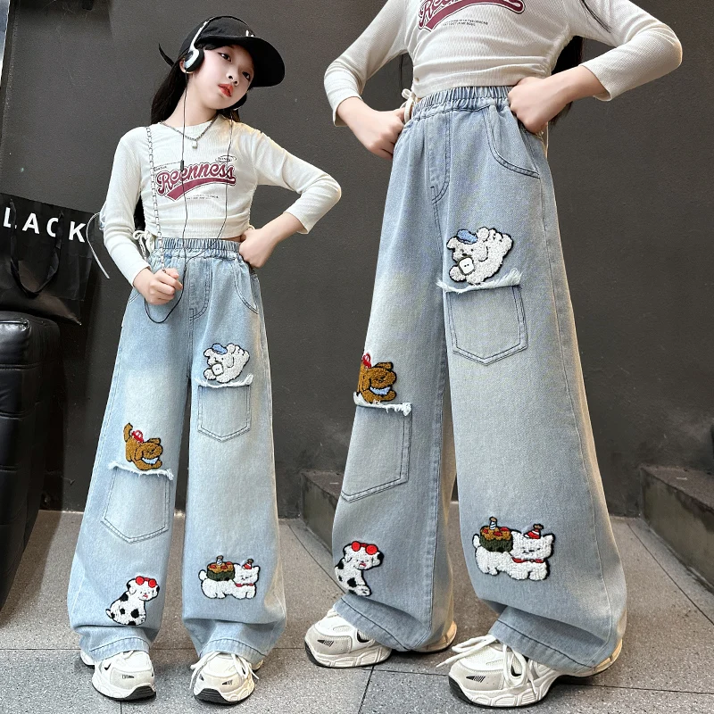 

autumn 4 6 8 10 12 14 teen girls towel embroidery dog jeans junior kids denim wide-leg pants school child trousers clothes