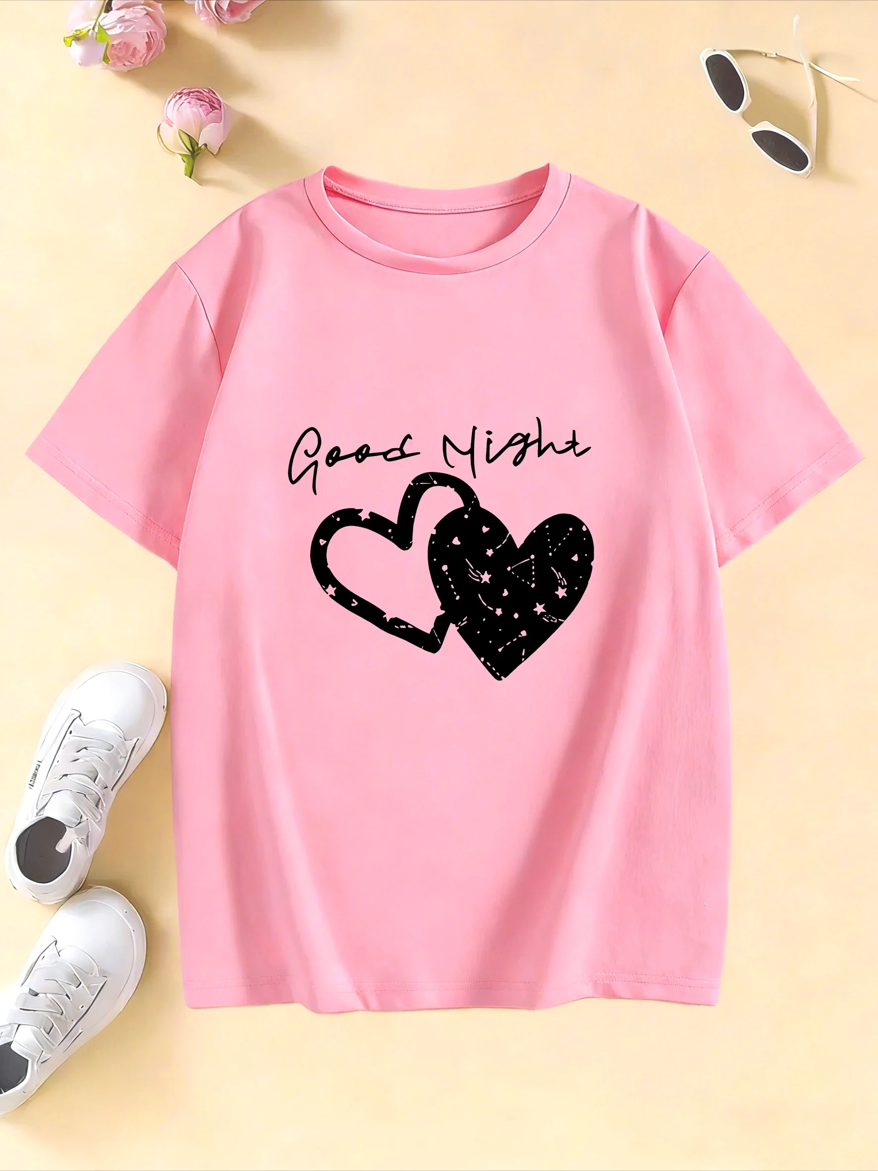 Good Night with Love Heart T-shirt Short Sleeve Kids Tops Children's  Boys Girls Summer Spring Casual Aesthetics Y2k Tee Shirts
