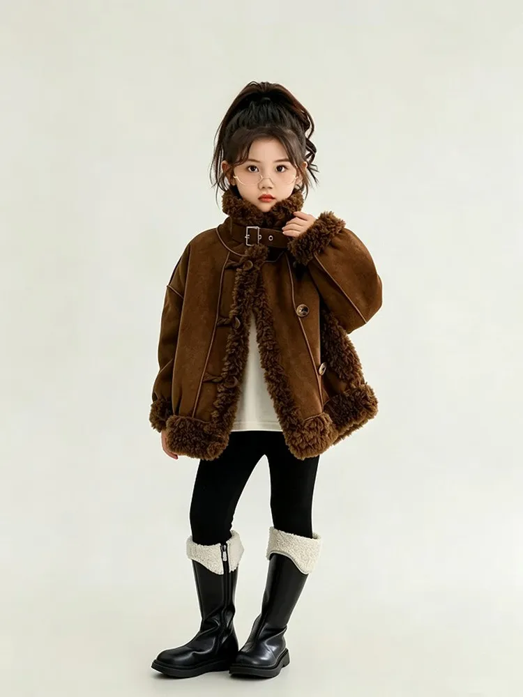 Mädchen Stehkragen Shearling-Mantel 2025 Neue Kinder-Kombinations-Lammwoll-Wildleder-Kurz-Motorradjacke Winter Warme Kinder-Oberbekleidung – Detail 5
