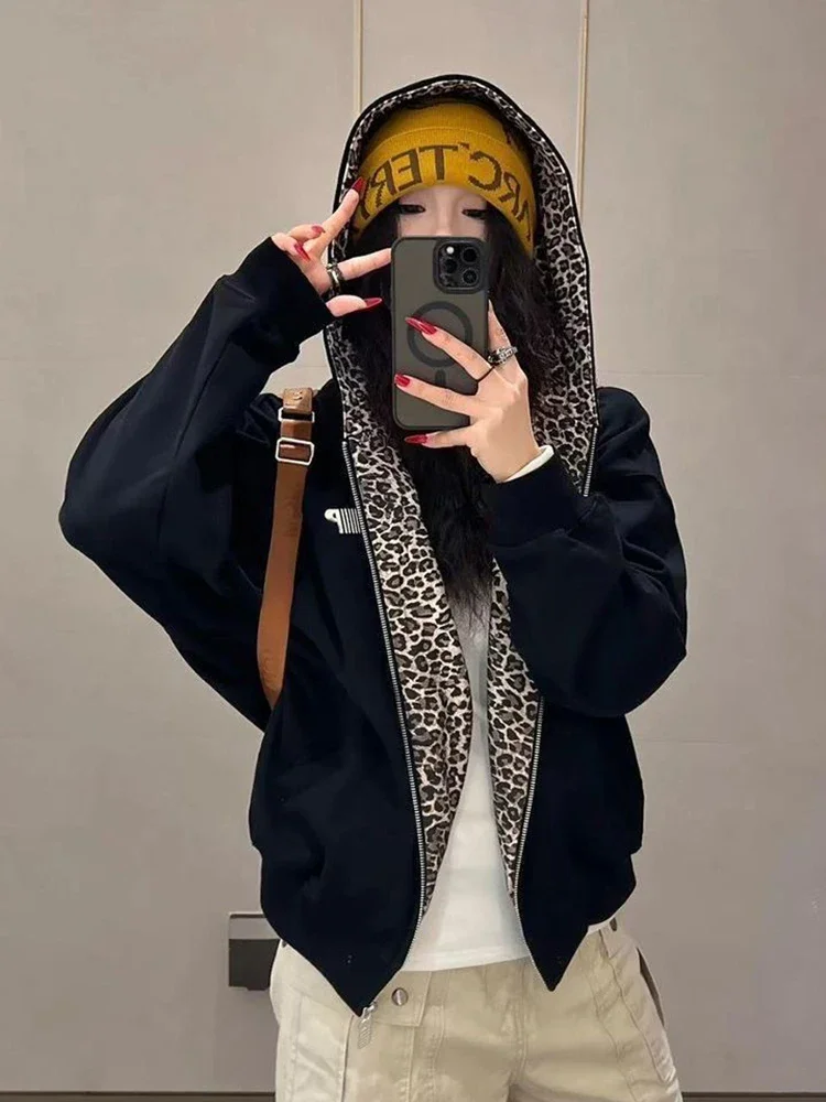 Jmprs Luipaard Retro Amerikaanse Hoodies Vrouwen Losse Hip Hop Streetwear Y2K Sweatshirts Vintage Brief Lange Mouw Bf Herfst Tops