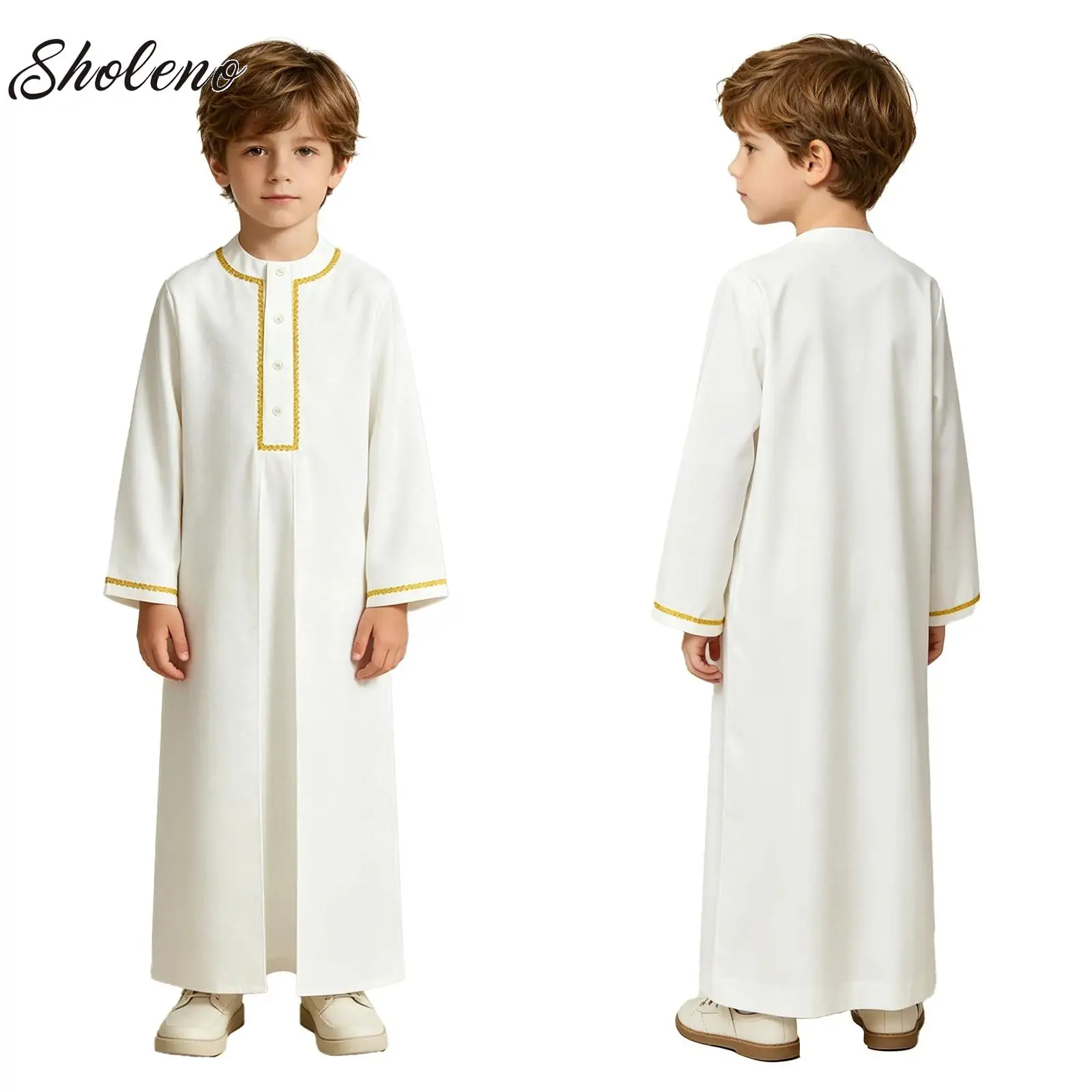 Autumn New Middle Eastern Jacquard Patchwork Muslim Robe Long Sleeve Split Arabic Thobe for Middle Eastern Boys Kaftan 6-16Y