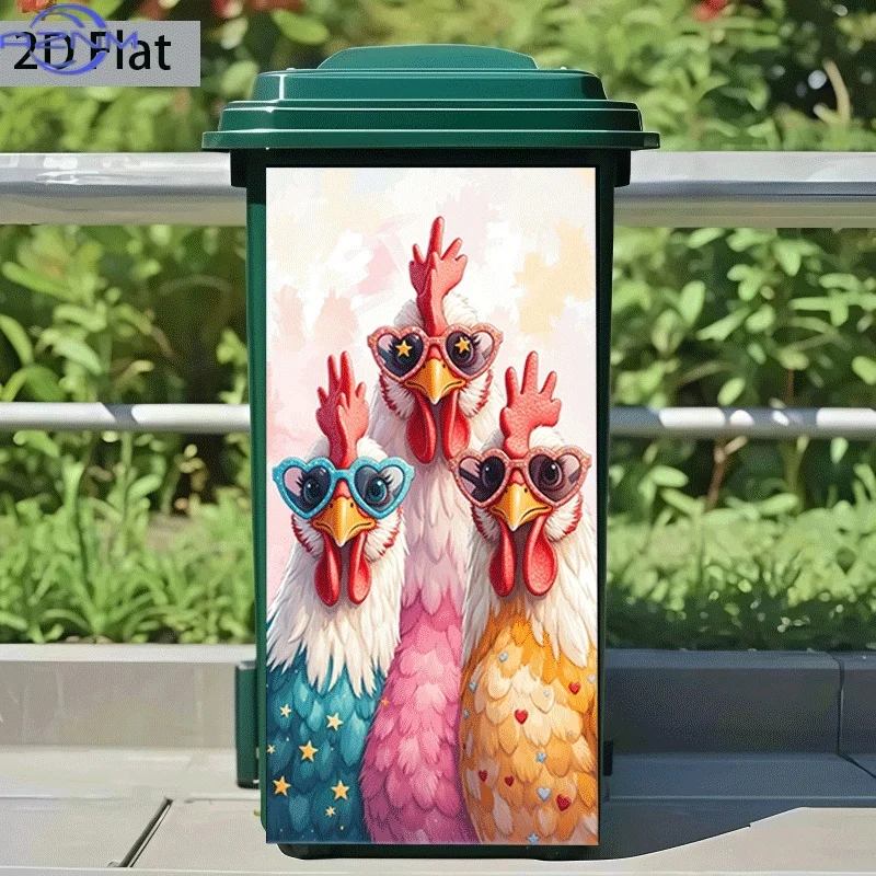 [Printing] Trash Can Sticker [37×82 Cm] Three Cute Chickens with Glasses Theme Design Wall Sticker Decoration Wallpaper Self-A