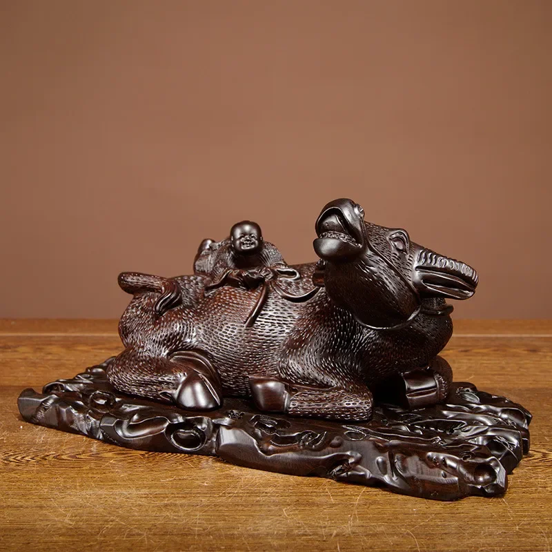 Ebony wood carving recumbent cow ornament solid wood animal zodiac cow shepherd boy riding cow home office decoration gift