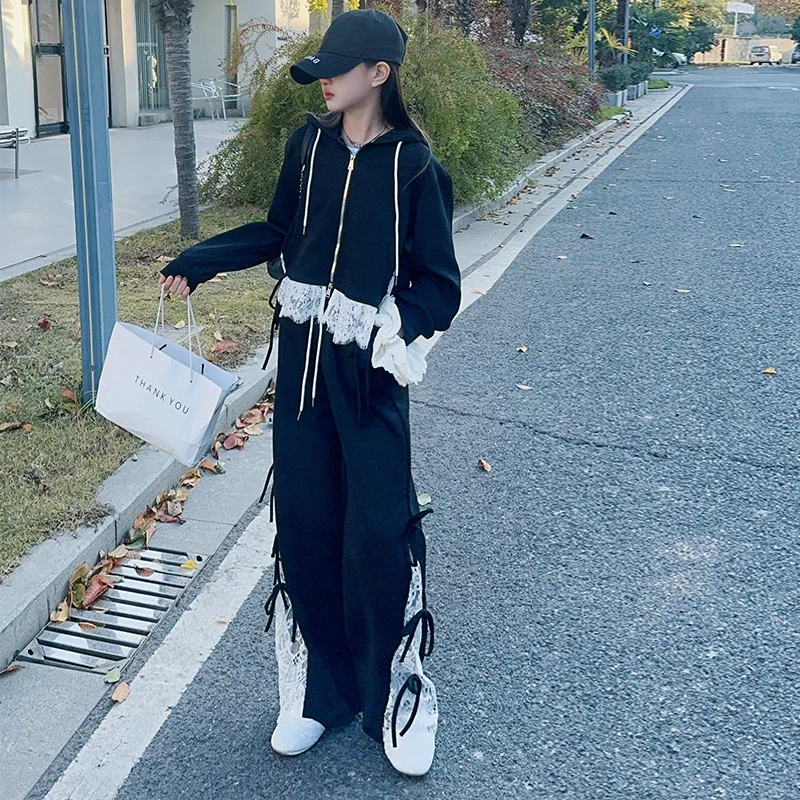 Lace Spliced Sweatshirt Grils Children Spring Autumn Casual Sporty Fashionable Hoodie Wide-leg Pant Sweet Cute Beautiful