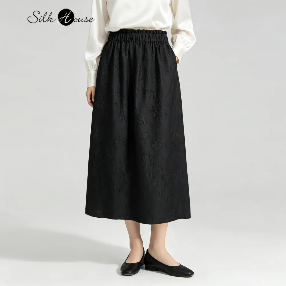 

Plus Size Black Texture 100% Natural Mulberry Silk Gambiered Guangdong Gauze Flower Bud Waist Women's Summer Loose Skirt