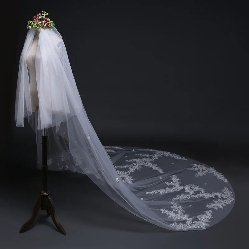 

Fancy 3*3.5M Long Wedding Veils Bridal Veils Soft Tulle Applique with Beads Wedding Accessories