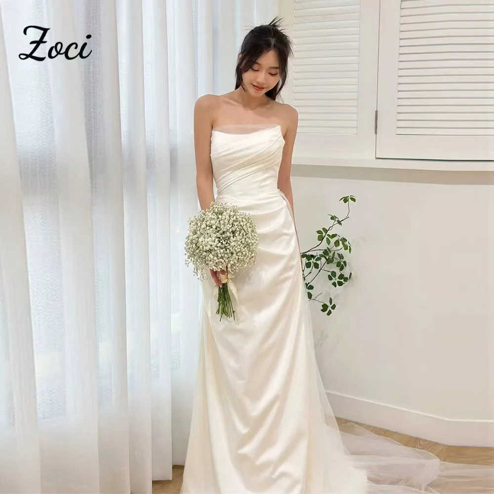 

Zoci Strapless Silk Satin Mermaid Wedding Dresses Korea Photos Shoot Customized Pleats Tulle Women Bride Reception Gown