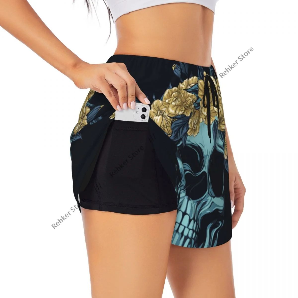 شورت اليوغا للنساء شورت اللياقة البدنية السائق تجريب الجري السراويل الرياضية الجمجمة الورود إكليل التجفيف السريع ملابس رياضية مع جيب