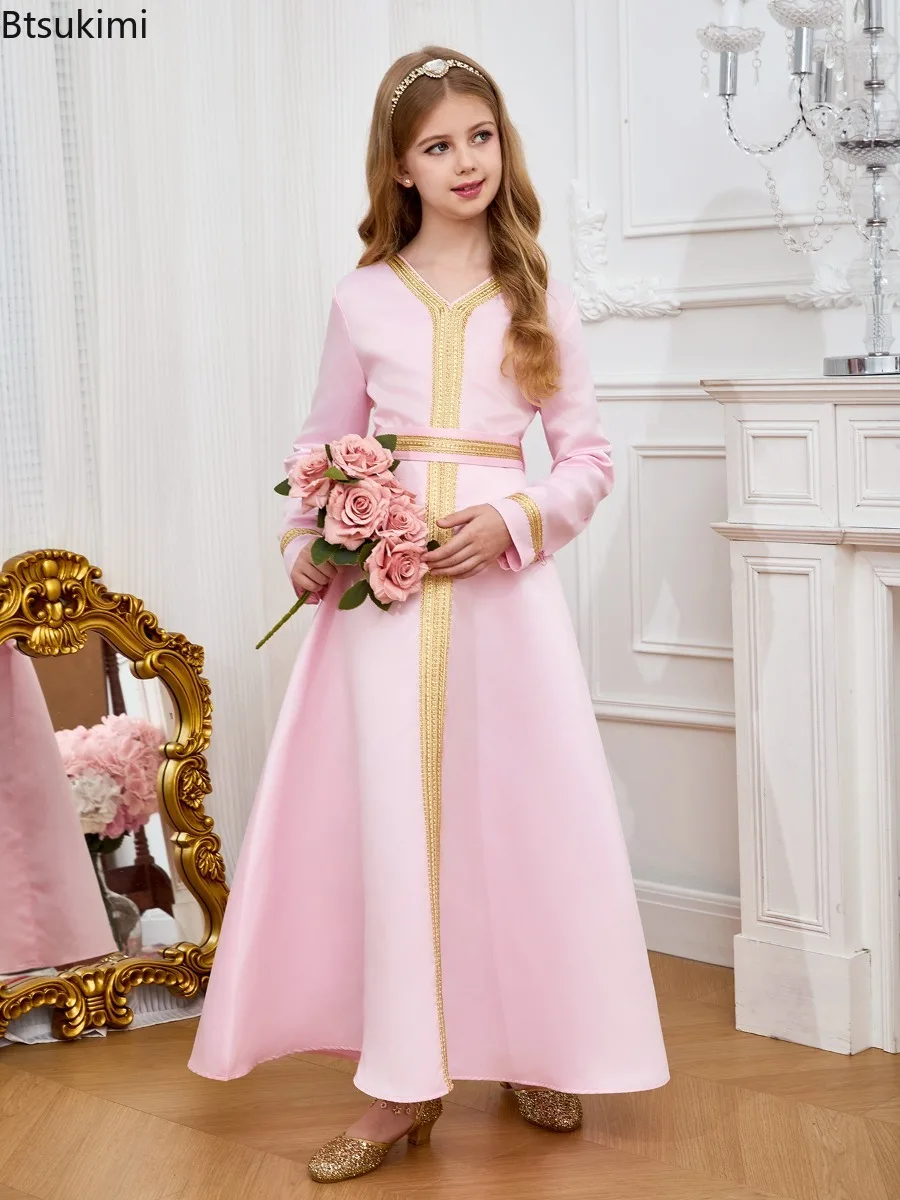 Girls Muslim Ramadan Abaya Kids Clothing Long Sleeve V Neck Prayer Dress Middle East Arabic Kaftan Robe Elegant Sweet Party Gown 2