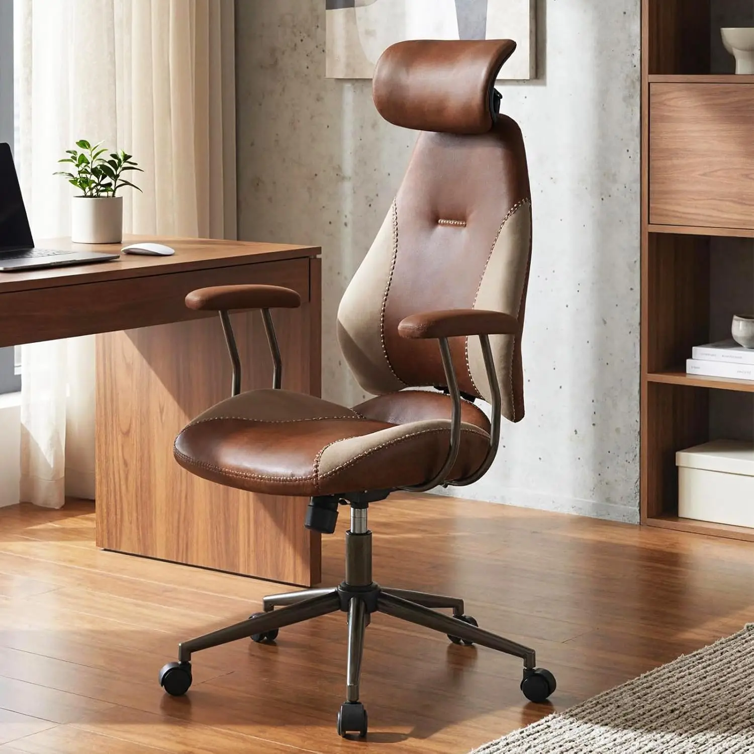 Faux Fur Office Chair With 2D Headrest Rocking Backrest & Wheels Vintage High Back Executive Chair Brown, Customized