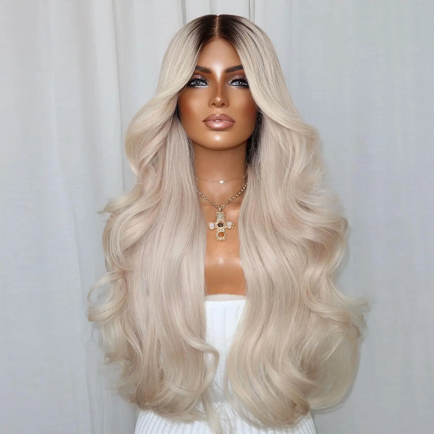 

Новый белый блонд-парик с синтетическим кружевным фронтом, волнистый, 13*4, из высококачественного термостойкого волокна, без клея, для повседневного использования, вечеринок и косплея