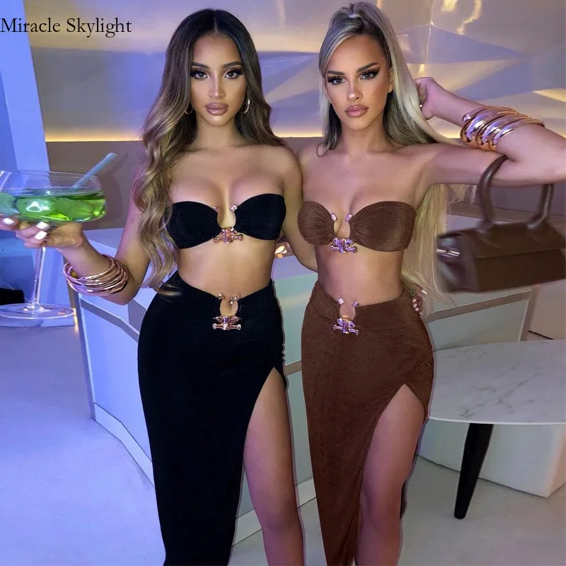 New Women's Sexy Split Skirt With Metal Button BraSexy strapless seduction tight fitting, high slit hip hugging skirt nightclub