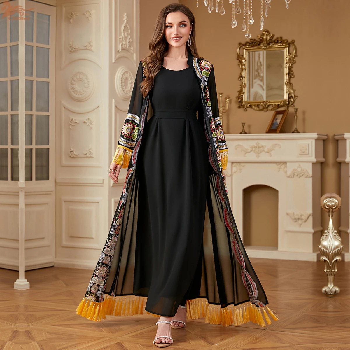 

Luxury Embroidery Patchwork Maxi Dress Two-Piece Set Muslim Tassel Stylish Abaya Moroccan Kaftan Dubai Elegant Casual Clothing
