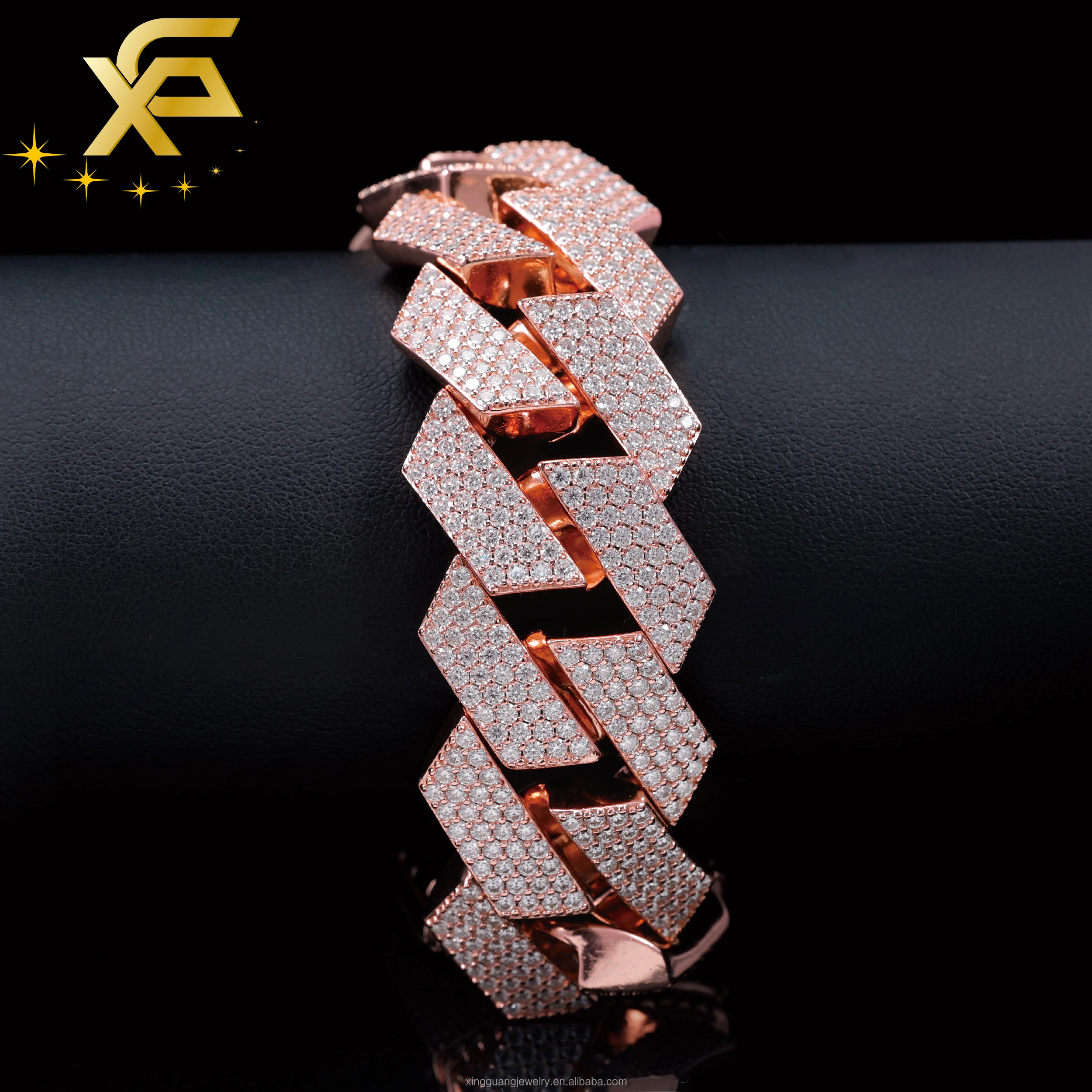 Rose Gold Heavy Weight 24MM 4Rows Pass Diamond Test Moissanite Diamonds 925 Solid Silver Cuban Link Chain HipHop Jewelry for Men