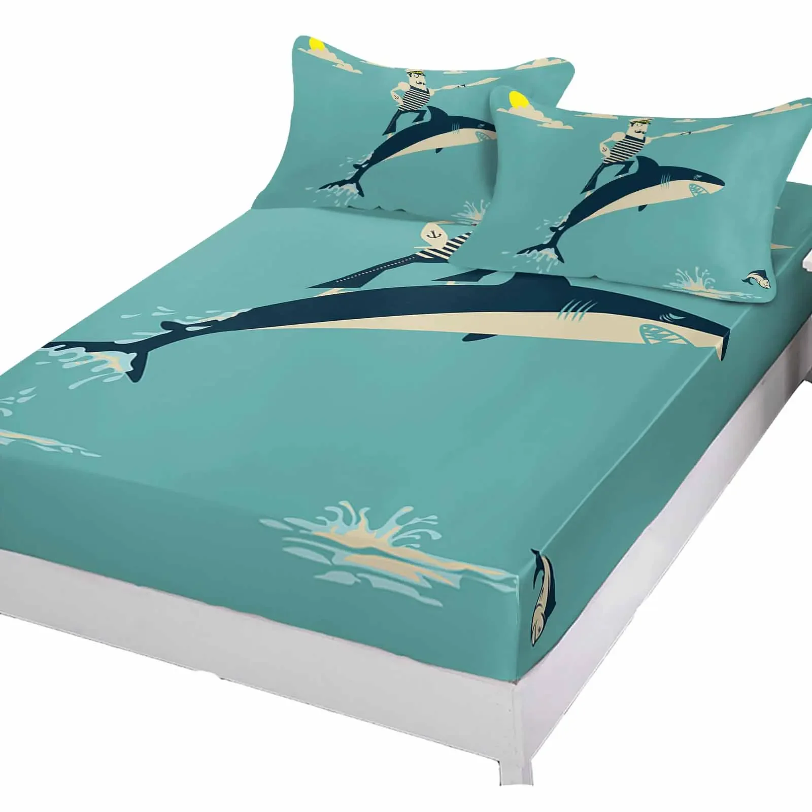 Captain Shark Nautical Pirate Beach Queen Size Bed Mattress Fitted sheet Elastic Rubber Band Non-slip Bed Sheet Pillowcase Set