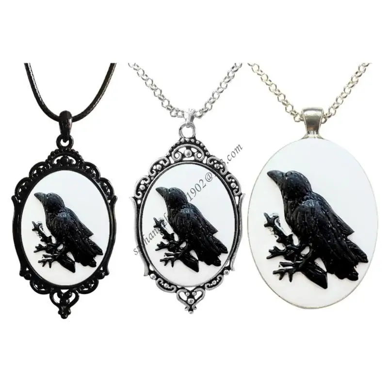 Crow Pendant Necklaces Lace Oval Charm Clavicle Chain Gothic Raven Jewelry Raven Choker Necklace Protections Chain Q6RB