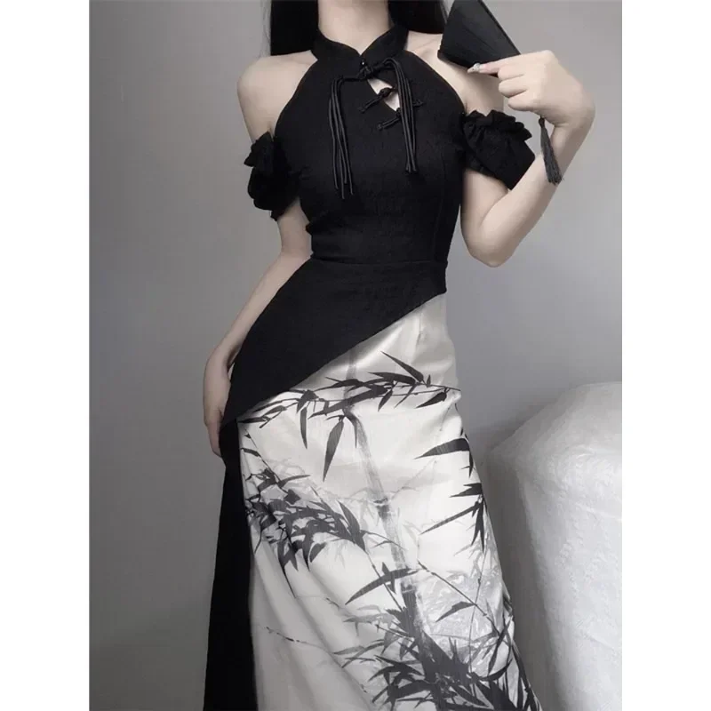 Modern Chinese Style Halter Neck Ink Printed Sleeveless Cheongsam Women Sexy Hollow Party Evening Dress Qipao Mandarin Dress