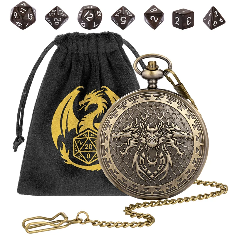 กล่องใส่พ็อกเก็ตวอทช์วินเทจลายหัวมังกรสามหัวขนาดใหญ่ พร้อมสายคล้องคอแบบ FOB และอะคริลิกทรงหลายเหลี่ยมขนาดเล็ก 7 ชิ้น สำหรับใส่ของเล่นเกม RPG DND