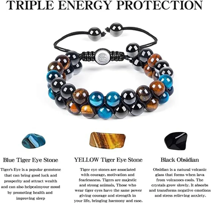 Triple Protection Bracelet - 8mm Blue Tiger Eye, Obsidian & Hematite Natural Crystal Gemstone Healing Bracelet Brings Good Luck,