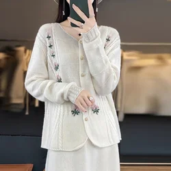 Autumn Winter New Wool Cardigan Women Knitted Sweaters Korean Fashion Loose Cashmere Jackets Chic Embroidery Knitwear Tops