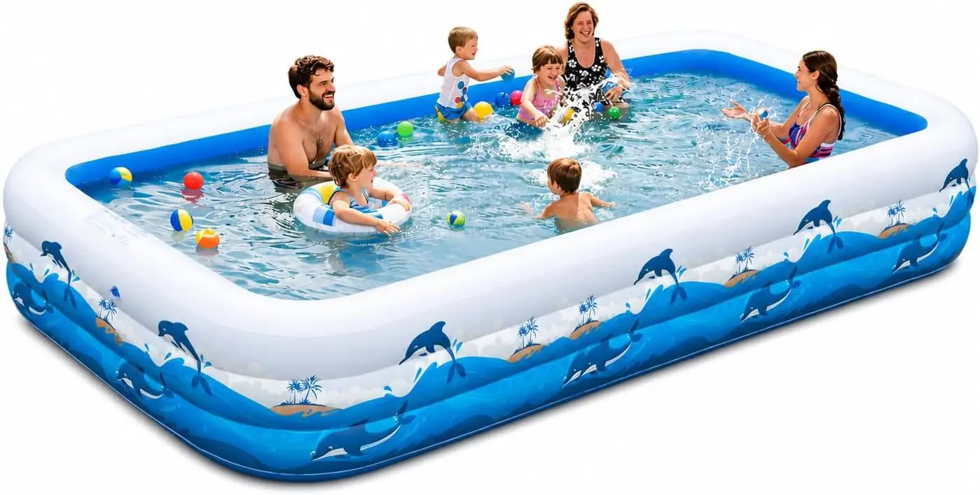 

Extra Large Family Inflatable Pool, 130x72x22in, Thick PVC Kiddie Pool for Backyard Summer Fun