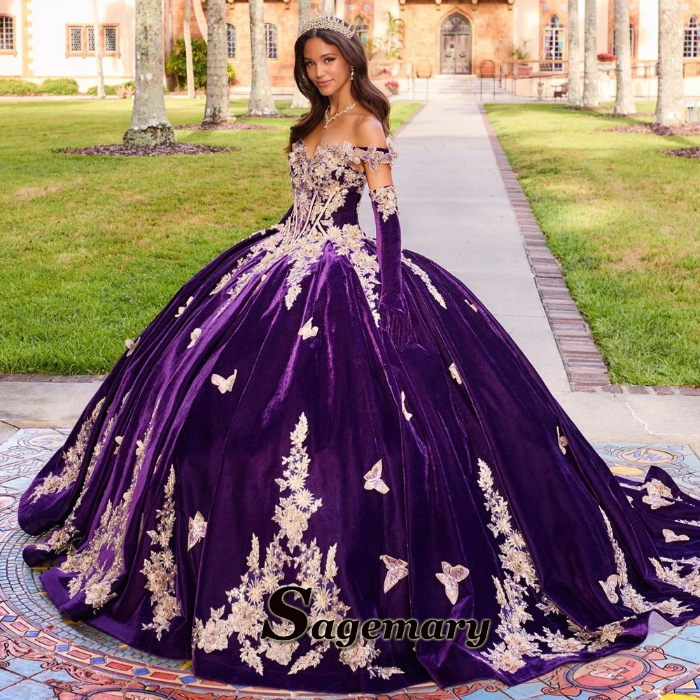 Sagemary Glamorous Velvet Quincenera Dresses Ball Gown Off the Shouler Appliques Corset Chapel Train Vestido De 15 Customised