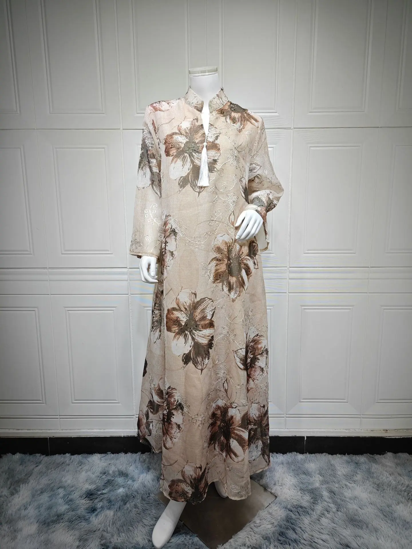 

Uni New Morocco Floral Print Abaya Dubai Muslim Elegant Women Evening Dress Mesh Sleeve Maxi Dress