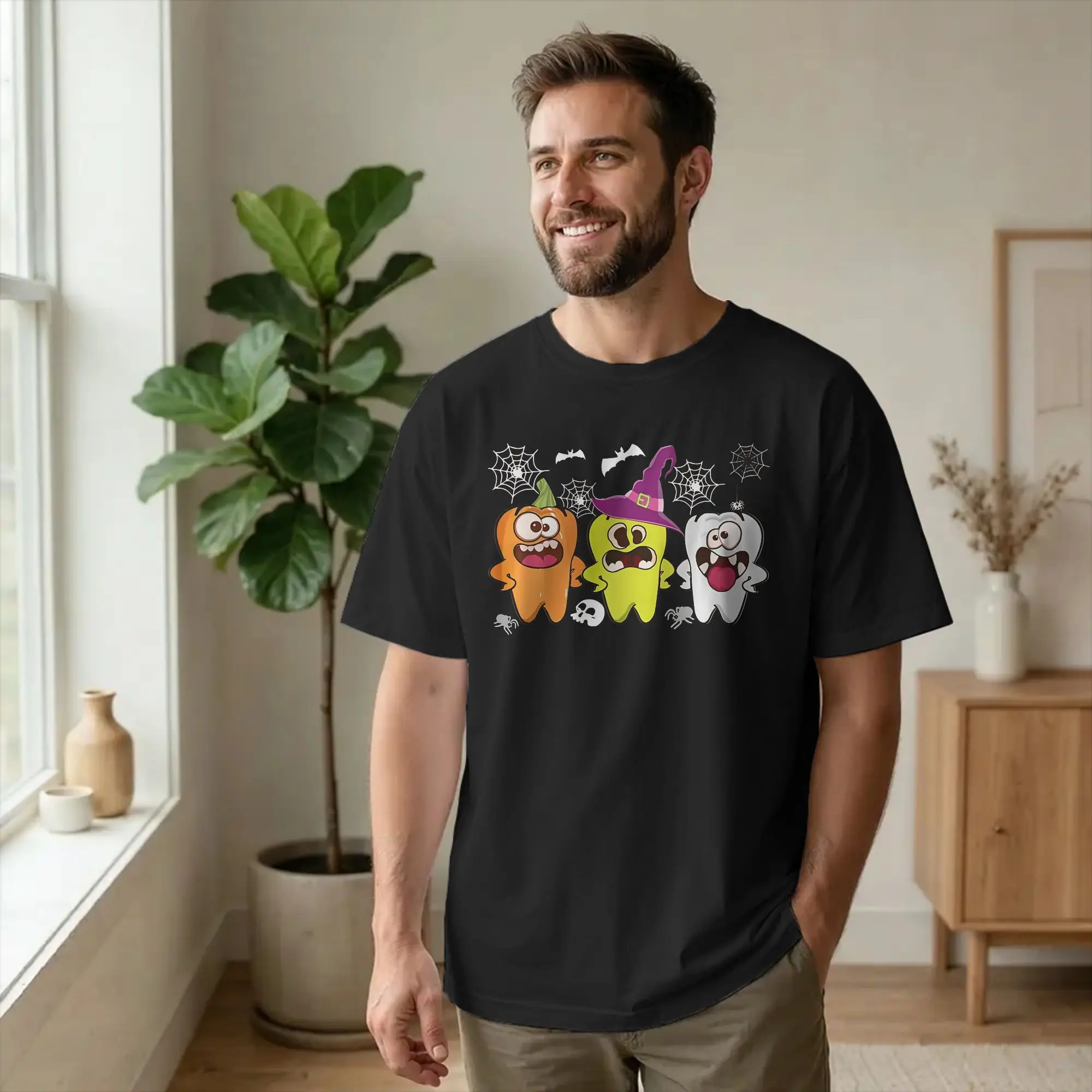 Funny Dental Ghost Witch Tooth Doctor  T Shirt Men Crewneck Short Sleeve Tops Cartoon Teeth Helloween 100%Cotton Summer Clothing