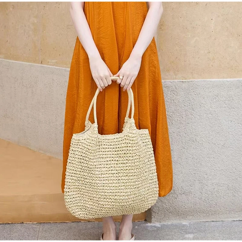 Vintage Einfarbige Gewebte Schultertasche, Minimalistische Casual Pendler-Handtasche für Frauen, Sommer Strand Handgefertigte Leichte Tasche – Detail 5