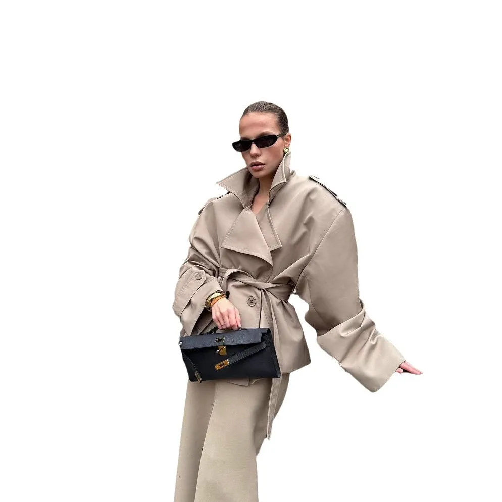 2025 Khaki Lapel Long-sleeved Lace-up Short Trench Coat European and American Fashion Temperament High Sense