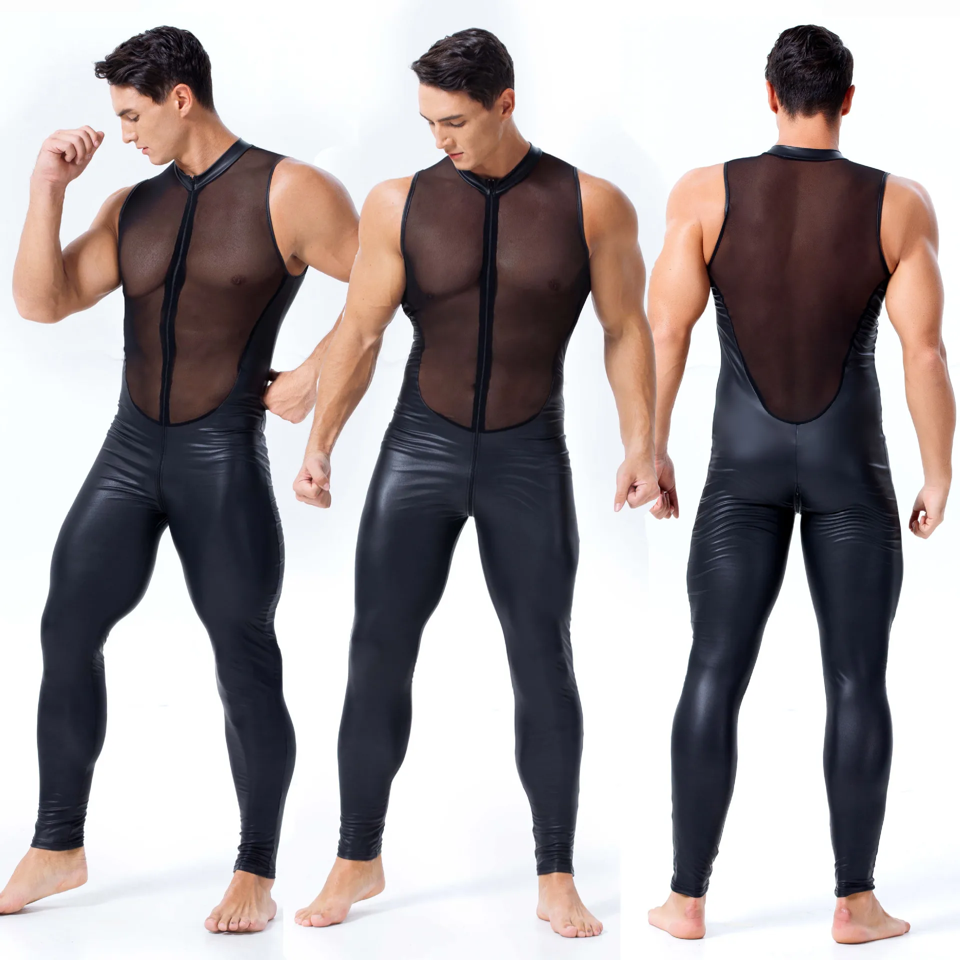 Men Wetlook PU Faux Leather Patent Mesh Fetish Erotic Catsuit Jumpsuit Nightclub Party Shiny Latex Sexy Slim Bodysuit Costume