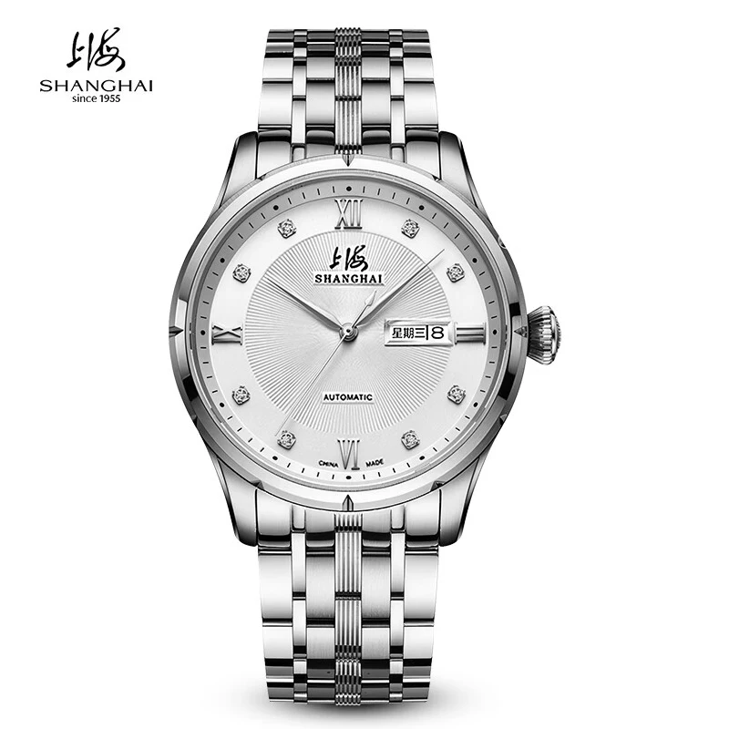 

Шанхайские автоматические механические наручные часы с водонепроницаемостью 50 м, отображением даты, корпусом из нержавеющей стали, деловые часы 3012