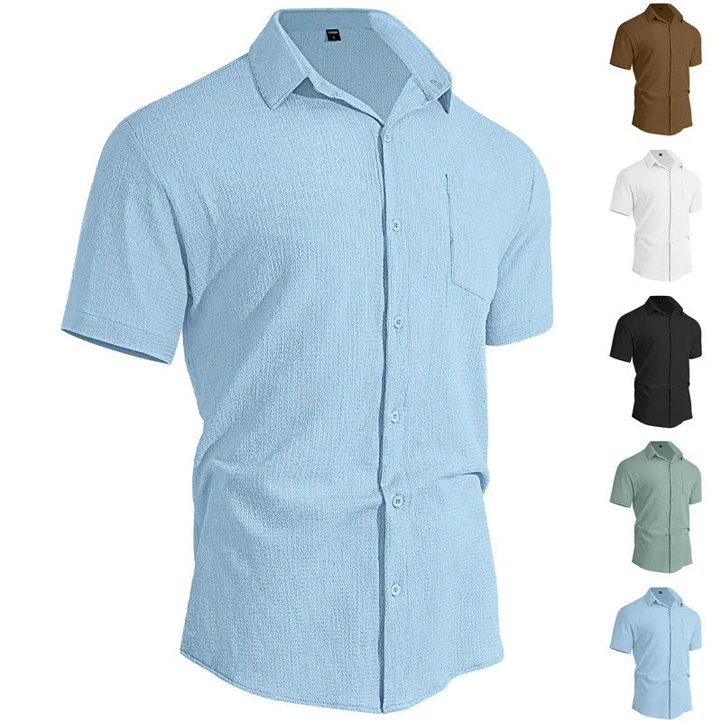 

Мужская летняя однотонная рубашка с коротким рукавом и отложным воротником, повседневная, универсальная, для отпуска, в европейском и американском стиле, новая, дышащая, пляжная, модная, верхняя одежда