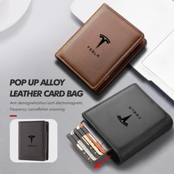 Car Leather Pop Up Wallet RFID Blocking Metal Double Card Case For Tesla Model 3 Y S X 2021 Roadster Cybertruck Juguete