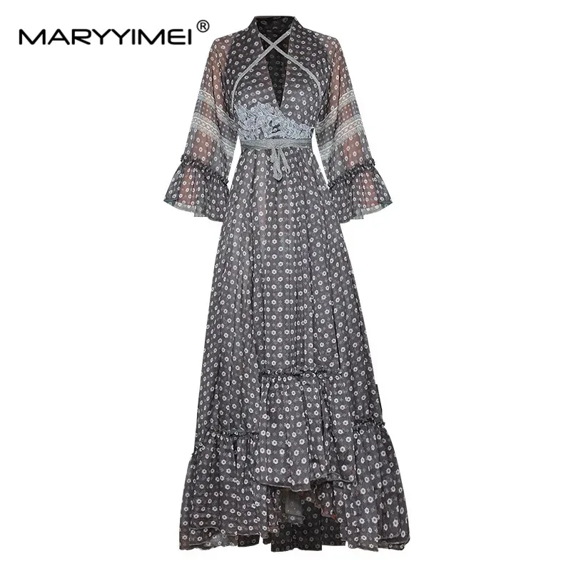 

MARYYIMEI Fashion Designer Summer Bohemia Loose Dress Women's Elegant V-neck Lace Printed Vacation Beach Chiffon Long Dress