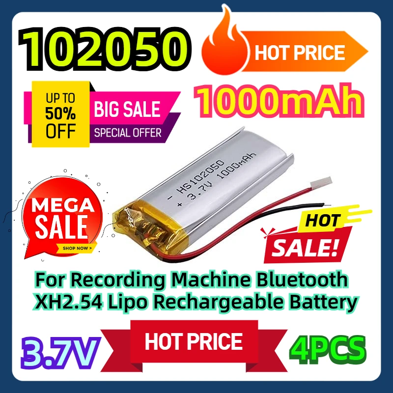 

102050 1000mAh 3.7V 4pcs For Recording Machine Bluetooth XH2.54 Lipo Rechargeable Battery