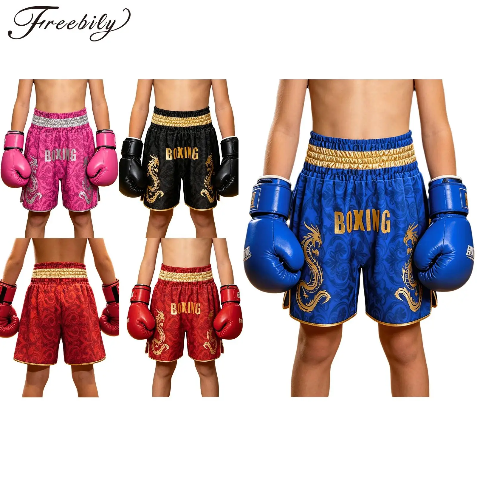 Kids Boys Girls Boxing Shorts Metallic Letter Dragon Printed Martial Arts Training Short Pants Kickboxing Boxer Trunks