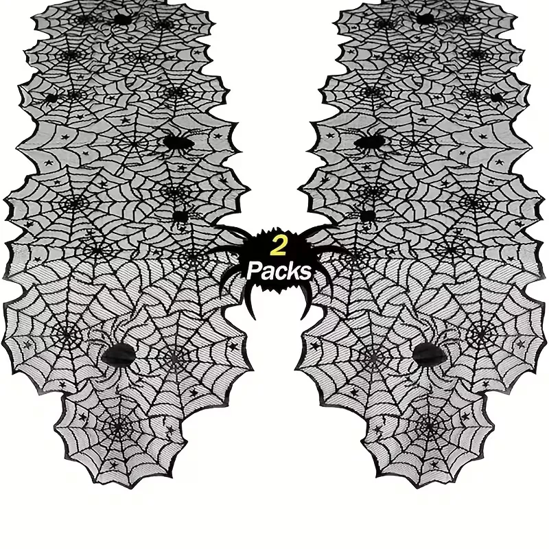 2-Piece Halloween Black Lace Spider Web Table Flags - Dark Spider-Themed Elements for a Spooky Halloween Party Atmosphere and Ta