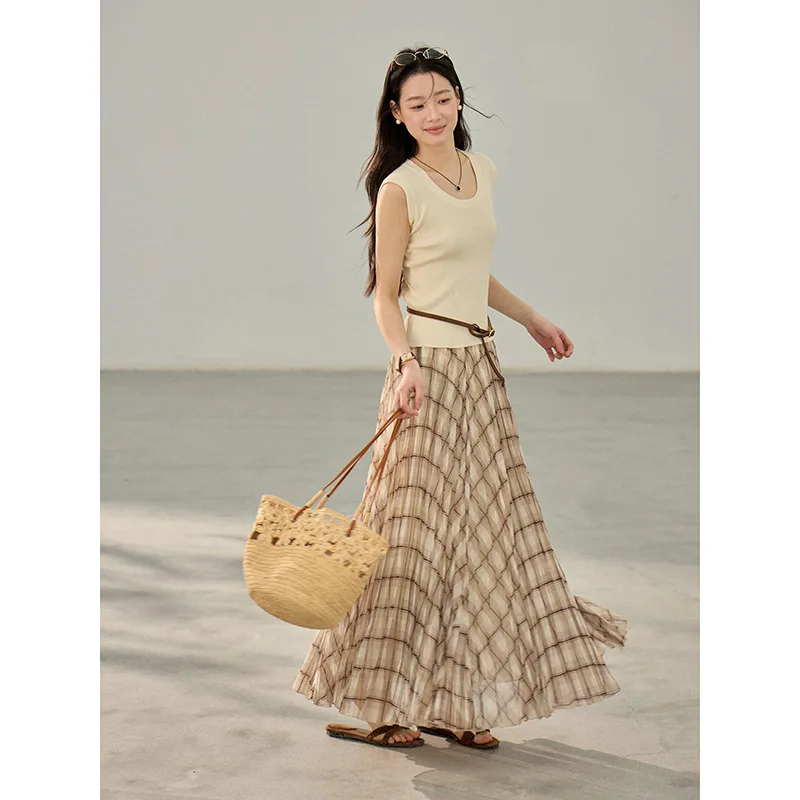 

Retro High Waist Drape Plaid Skirt Women's Clothing 2026 Summer New A-word Medium and Long Skirt
