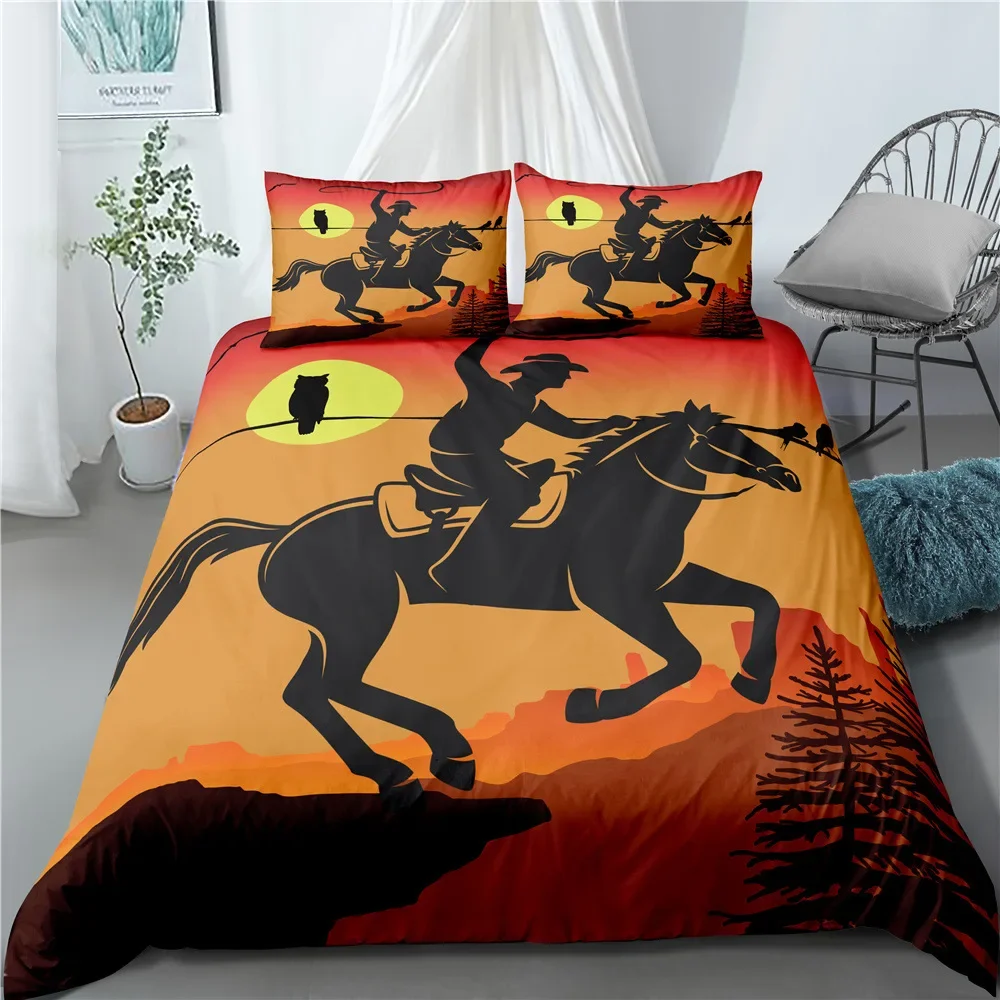 Western Cowboy Duvet Cover King Queen Vintage Wild West Bedding Set Adults Men Sunset Horse Silhouette Polyester Quilt Cover