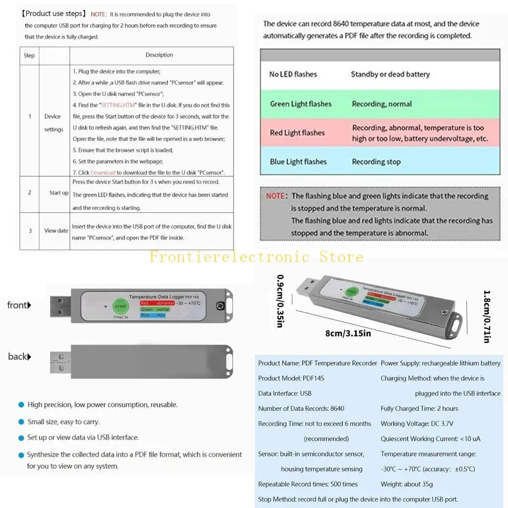 

G8DB Temperature Data Logger Rechargable 8640 Points Temperature Recorder PDF Report