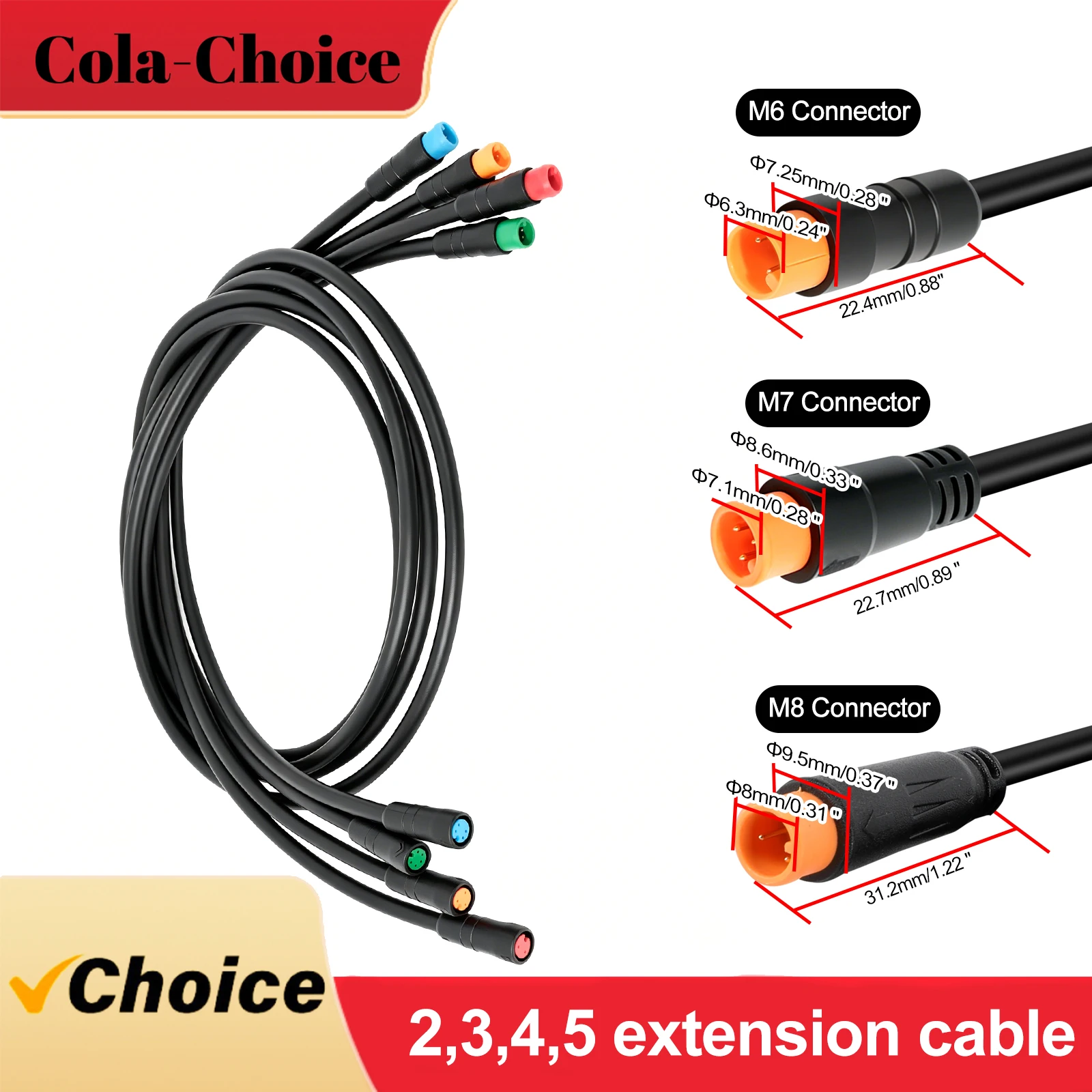 1pcs M6 EBIKE Cable 2 3 4 5 Pin 60-90cm(23-35inch) Speed Sensor, Light Wires, Brake Male to Female Extension Connector Cable