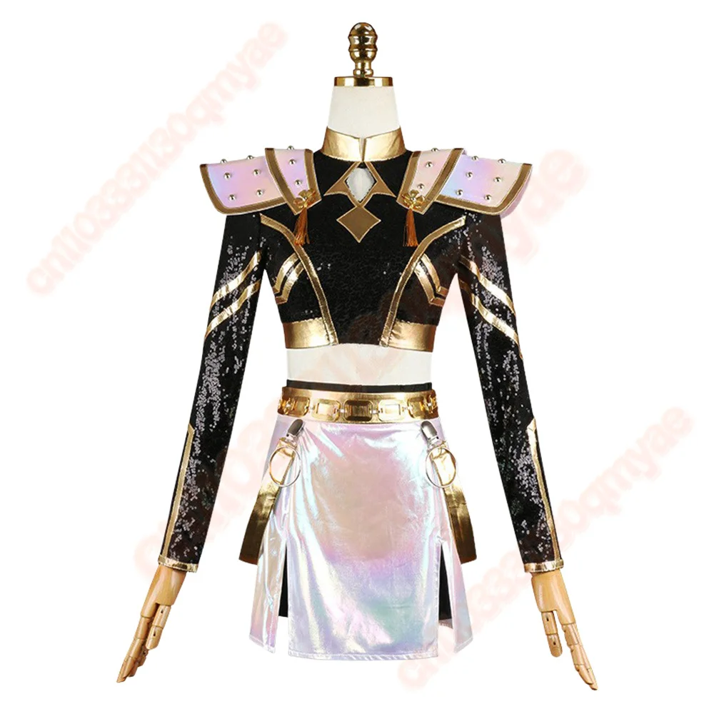 رومي زوي ميرا تأثيري الذهب الأسود زي شعر مستعار شيطان الصيادين الكرتون KPop النساء الفتيات لعب الأدوار الملابس حفلة الهالوين كرنفال