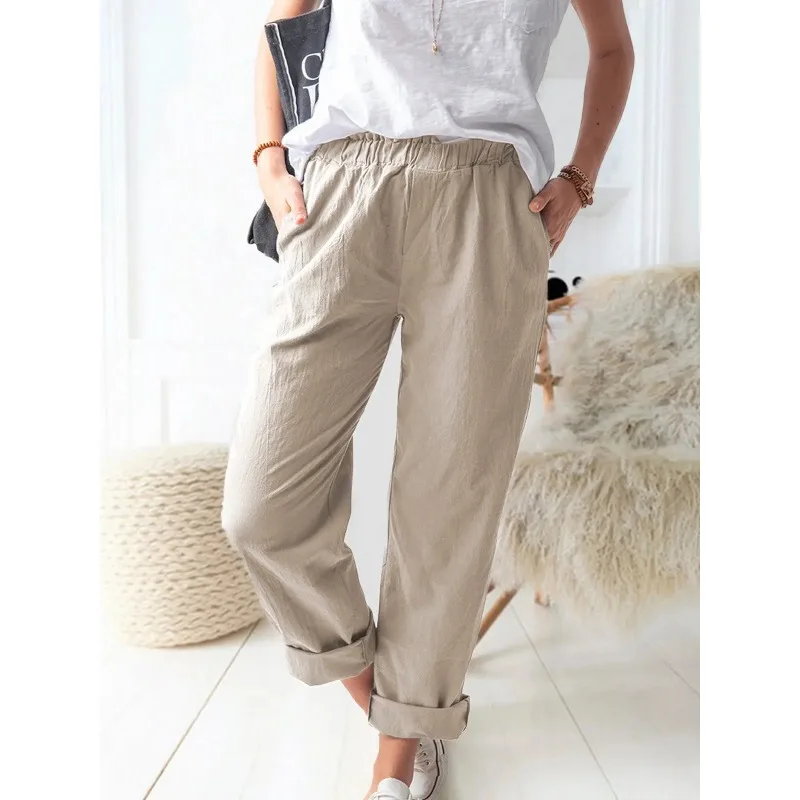 

2025 New Women's Cotton and Linen Pants Wish Solid Color Casual Elastic High Waist Straight Trousers for Women Pants Women