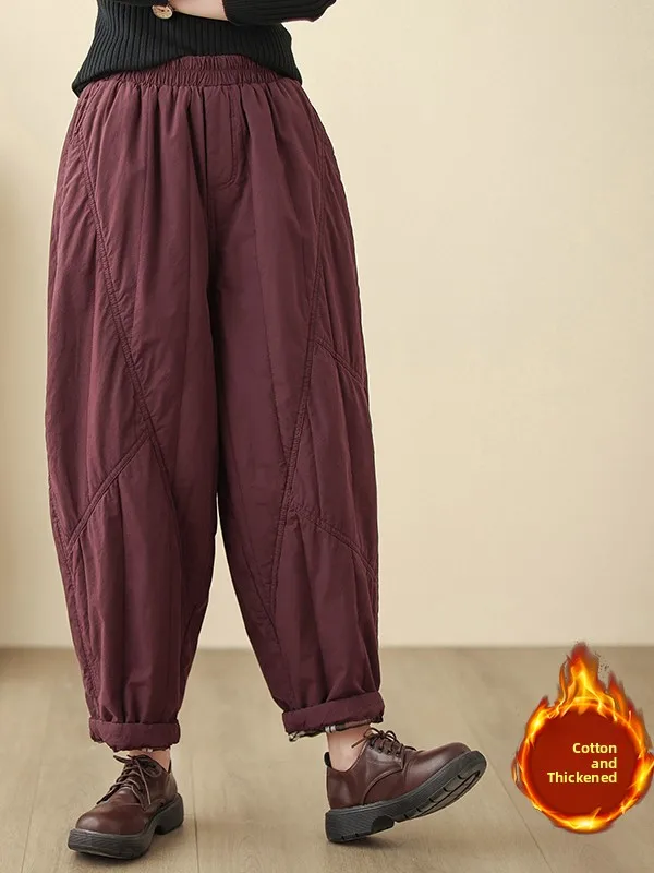 Retro Harajuku Cotton Pants Women's Winter Thiened Warm Trousers Loose Elastic Waist Carrot-aped Casual Outerwear