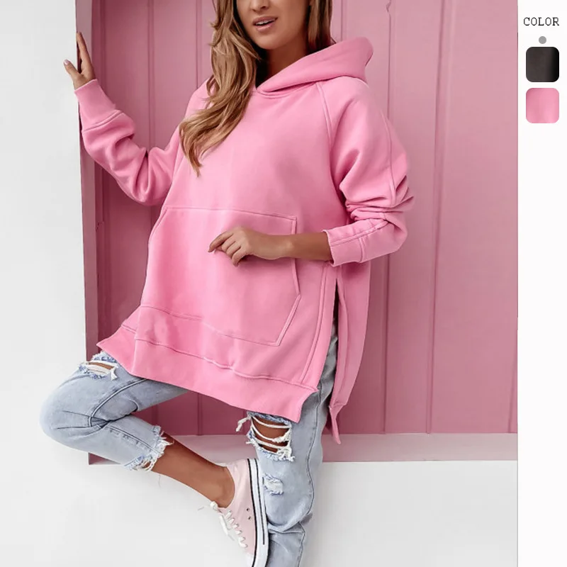 

2023 European and American women's autumn new products solid color long sleeve side slit hooded casual hoodie