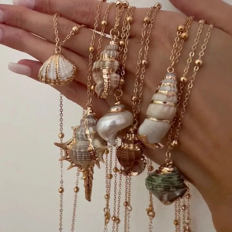 Gold Fashion Geometric Plated Gold Conch Pendant Necklace Beach Style Choker for Women Girls Clavicle Chain Jewelry Gift 2025