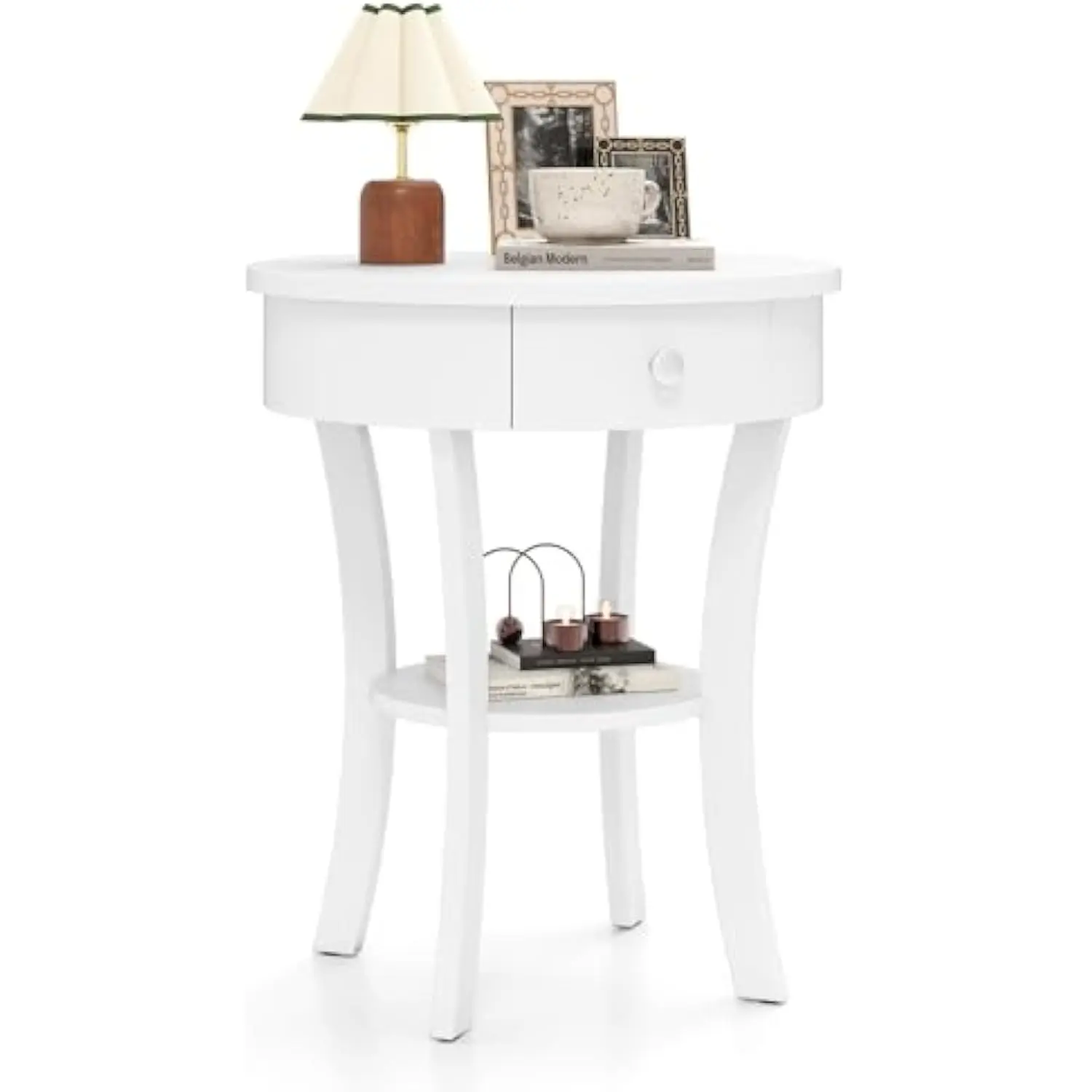 

Round End Table with Drawer, 2-Tier Sofa Side Table with Solid Wood Legs, Open Storage Shelf, Vintage Accent Table, Display Ta