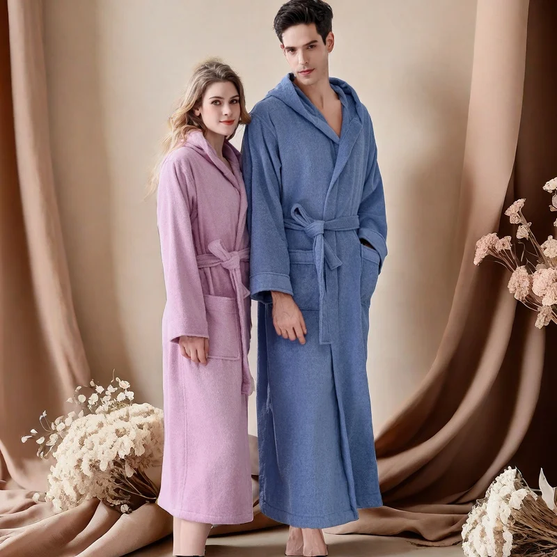 Men Winter Plus Size Long Warm Towel Fleece Bathrobe Hooded Cozy Flannel Zipper Bath Robe Night Dressing Gown Women Sleepwear